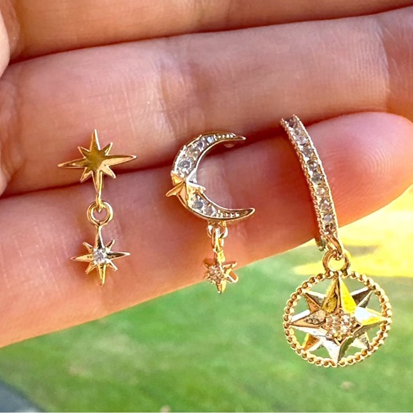 Star, Moon & North Star Hoop Earrings Trio | 18K Gold Plated Luxury Jewelry - Picture 4 of 9
